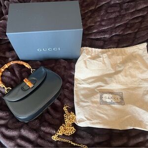 Gucci Medium Black Box Leather 1947 Bag with Bamboo Handle + strap, box, dustbag